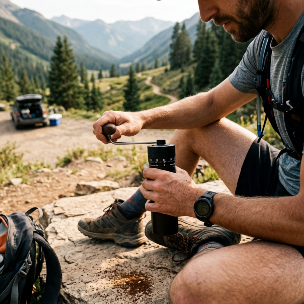 best coffee grinder foggy campsite night