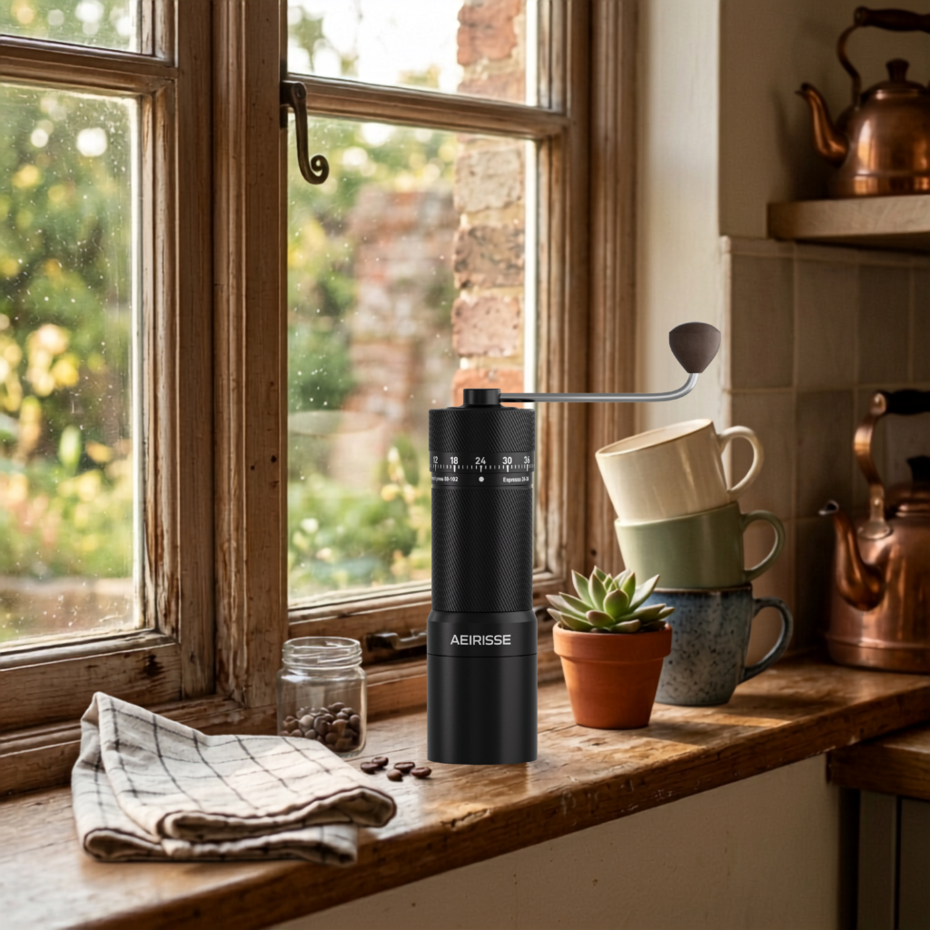 best coffee grinder in use wooden table