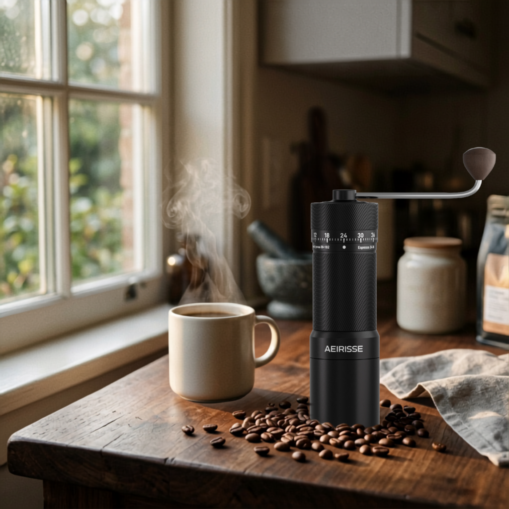 best manual coffee grinder walnut handle detail