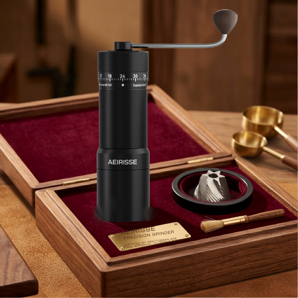 burr coffee grinder craftsman inspecting