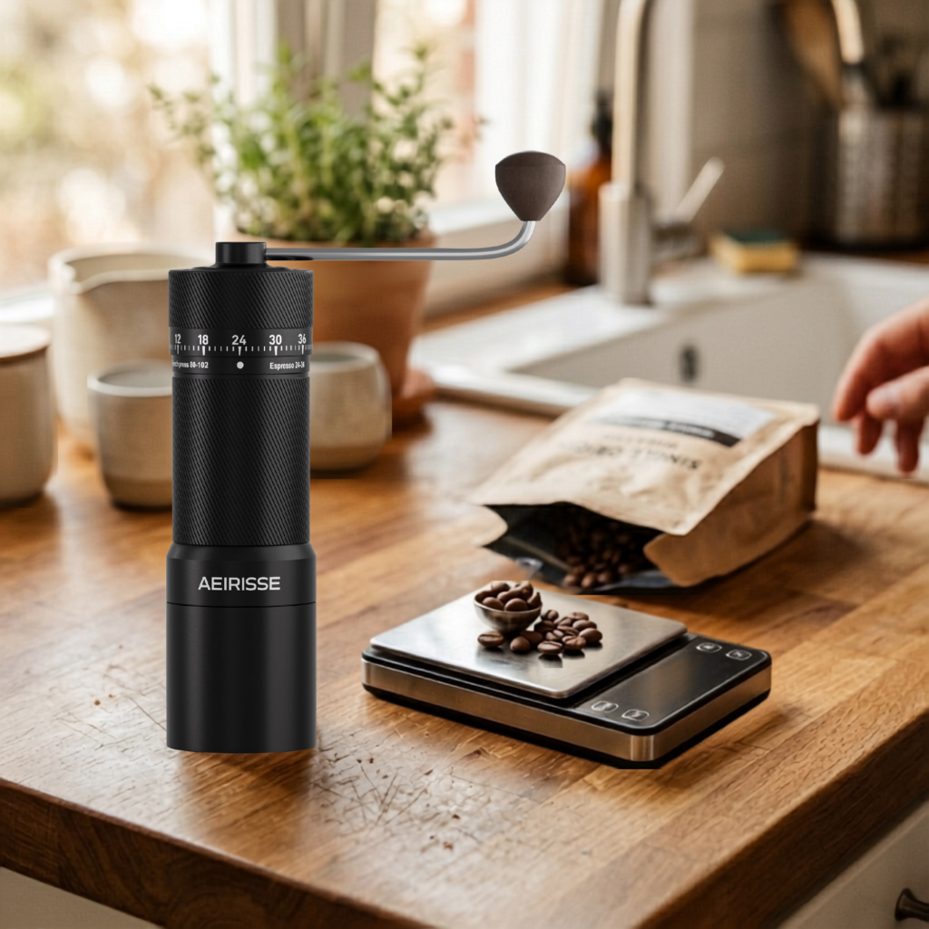 manual espresso grinder click setting closeup