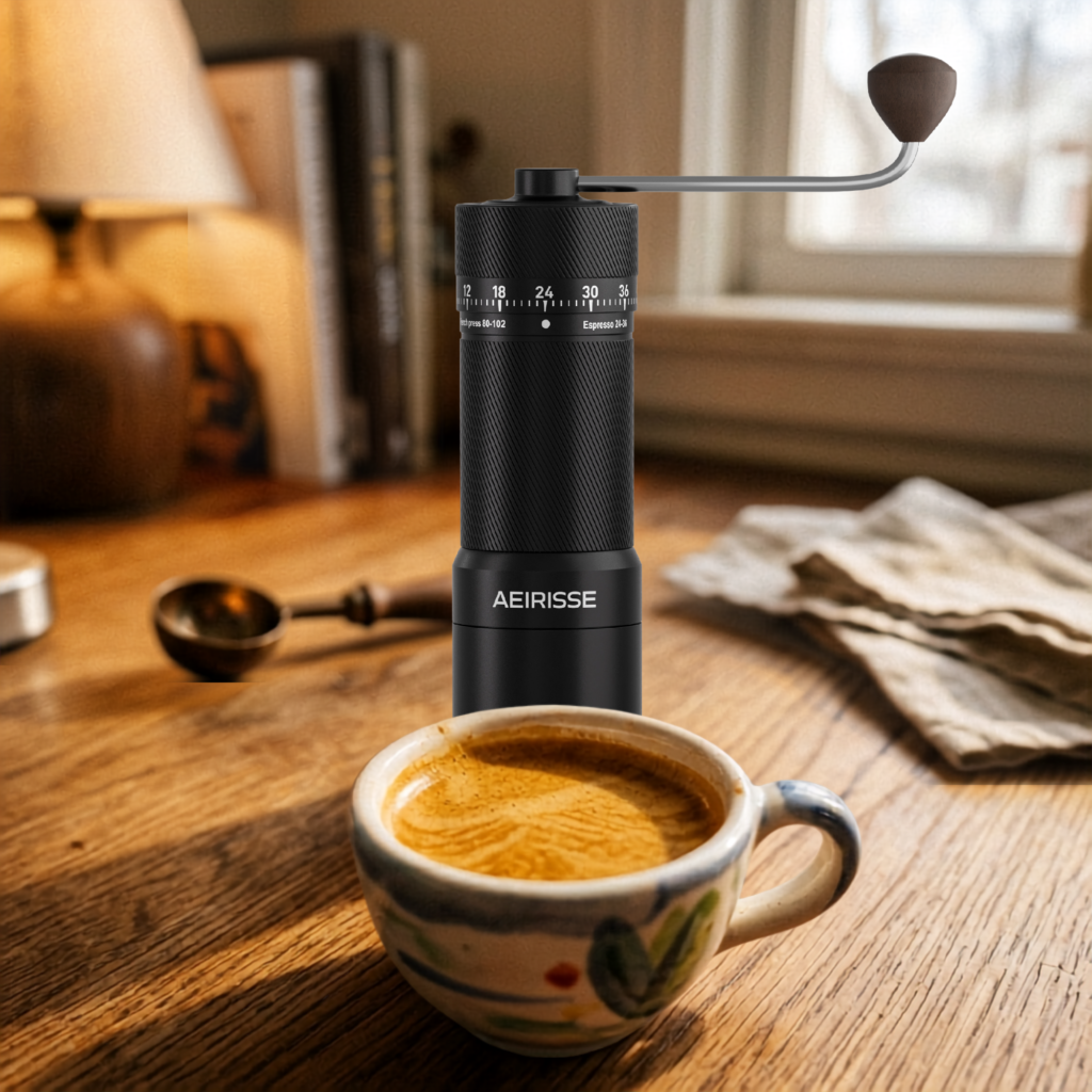 manual espresso grinder person using
