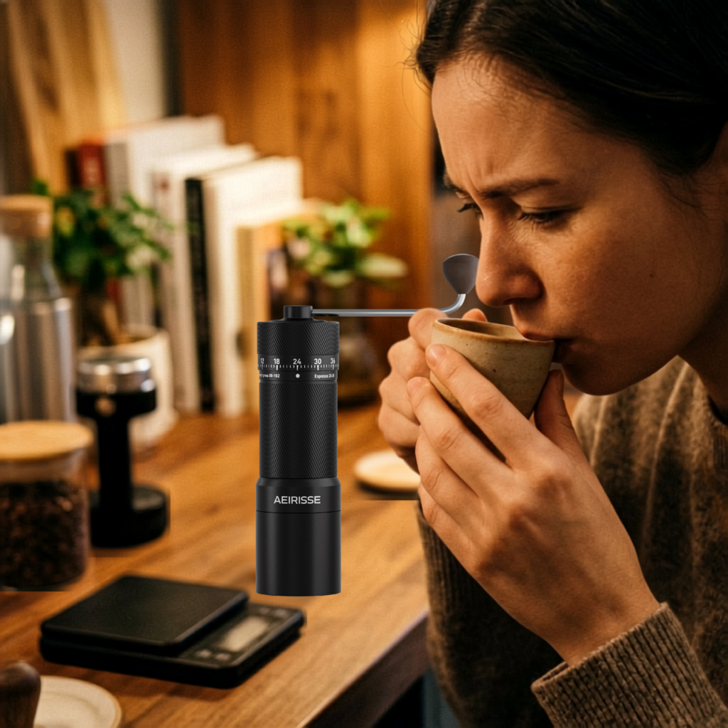 manual espresso grinder tasting shot